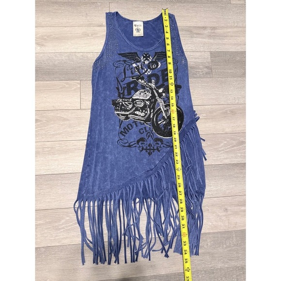 Vocal Blue Studded Fringe Tank Dress Live to Ride Motorcycle Graphic Size L USA - Picture 11 of 12